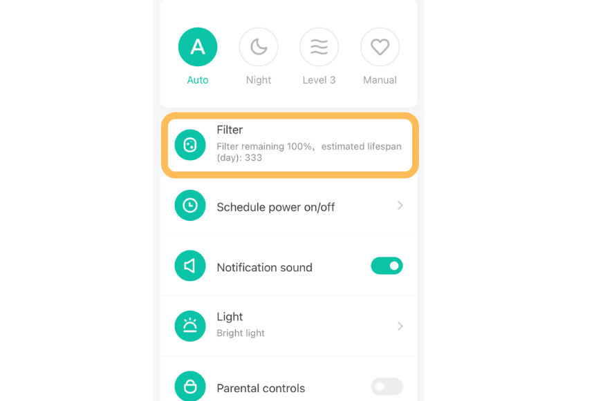 Die Filterlebensdauer des Xiaomi Mi Air Purifier Pro H Luftreinigers wird in der Xiaomi Home App angezeigt